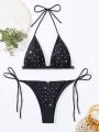 SHEIN Swim BAE Women's Halter Neck Swimwear Set With Rhinestone Decoration