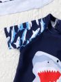 Baby Boy Cartoon Shark Zip Front One Piece Swimsuit With Swim Cap