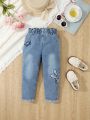 Young Girl Casual Cute Rabbit Pattern Washed Denim Jeans