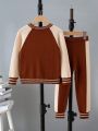 Young Boy Letter Pattern Raglan Sleeve Striped Trim Colorblock Cardigan & Knit Pants