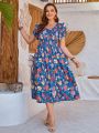 EMERY ROSE Plus Size Floral Print Ruffle Sleeve Shirred Panel Dress