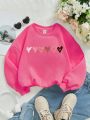 Tween Girl Heart Print Thermal Lined Sweatshirt