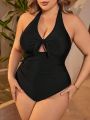 SHEIN Swim Basics Plus Size Women'S Knotted Halter One-Piece Swimsuit