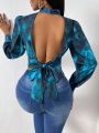 SHEIN SXY Tie-dyed Backless Stand Collar Cropped Shirt With Straps