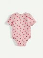 Cozy Cub Infant Girls' Set Of 2 Strawberry Patterned Solid Short Sleeve Bodysuits With Overlapping Shoulder Design