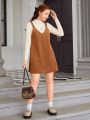 Teen Girls' Ribbed Stand Collar T-Shirt And Corduroy Suspender Skirt Set