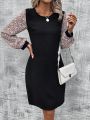 Patchwork Printed Lantern Sleeve Slim Fit Round Neck Dress