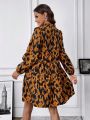 SHEIN LUNE Women's Leopard Print Lantern Sleeve Doll Collar Notched Neck Dress