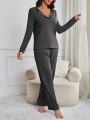 Ladies' Solid Color Long Sleeve Top And Long Pants Pyjamas Set