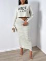 SHEIN SXY Slogan Printed Long Sleeve T-shirt And Pleated Midi Skirt 2pcs/set