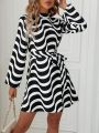 Women'S Wavy Striped Belted Dress