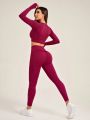 SHEIN Yoga Basic 2pcs Short Shoulder Insert Sport T-shirt And Solid Color High Waist Leggings