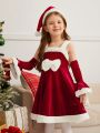 SHEIN Kids FANZEY Young Girl 1pc Bow Front Cold Shoulder Dress & 1pair Arm Sleeves