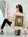 SHEIN Kids HYPEME Teen Girls' Sports Street Style Printed Expression & Letter Design Round Neck Long Sleeve Sweatshirt With Leggings Set