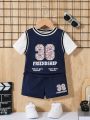 SHEIN Baby Boys' Sports Style Letter & Lion Pattern Patchwork Short Sleeve T-Shirt And Shorts Set