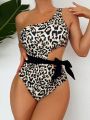 SHEIN Swim Chicsea One Shoulder Leopard Print Swimsuit With Knotted, Hollow Out And Cutout Detail