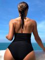 SHEIN Swim Basics Solid Color Halter Neck One Piece Swimsuit With Ruffle Detail