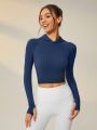 SHEIN Leisure Solid Crop Sports Hoodie With Thumb Holes