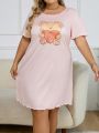 Women's Plus Size Short Sleeve Bear Printed Nightgown With Round Neckline
