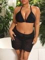 SHEIN Swim Basics Plus Size Women's Halterneck Ruched Bathing Suit 3pc Set