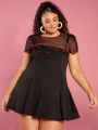 SHEIN CURVE+ Women's Plus Size Black Mesh & Heart Design Round Neck Skirt