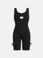 SHEIN Kids EVRYDAY Girls' Knitted Monochrome Round Neck Jumpsuit With Flounce Design, Casual Style