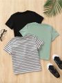 SHEIN 3pcs/set Toddler Boys' Street Style Casual Striped Print And Solid Color Short Sleeve T-shirt For Summer