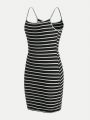 SHEIN Girls' Teen Knitted Solid Color Striped Slip Dress Two-piece Set