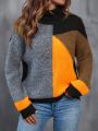 SHEIN LUNE Color Block Turtleneck Drop Shoulder Sweater