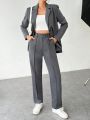 SHEIN EZwear Women's Notched Collar Long Sleeve Blazer And Pants Set