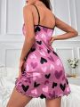 Heart Print Lettuce Trim Contrast Binding Cami Nightdress