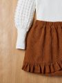 SHEIN Teen Girl Mock Neck Lantern Sleeve Tee & Ruffle Trim Cord Skirt