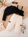 Infant Girls' Solid Color Suspender Crop Top, Tee And Cargo Pants 3pcs Outfit Set