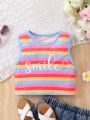 SHEIN Kids QTFun Little Girls' Rainbow Striped Vest Top With Heart And Letter Print