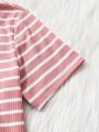 SHEIN Kids FANZEY 3pcs/set Teenage Girls' Striped Short Sleeve T-shirt, Casual, Comfortable And Versatile