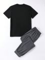 Teenage Boys' Color Block Top And Solid Color Pants Two-Piece Set