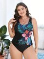 SHEIN Swim Classy Plus Size Tropical Plant Printed One-piece Swimsuit