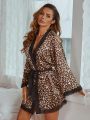 Cheetah Print Contrast Lace Belted Night Robe