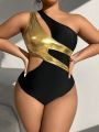 SHEIN Swim SXY Plus Size Women'S Color Blocking One Shoulder One-Piece Swimsuit