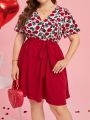 SHEIN Clasi Valentine's Day Plus Size Floral Print Dress With Ruffle Sleeves And Waist Belt Red Dress