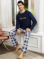 Men'S Letter Printed Long Sleeve Checkered Pants Homewear Set