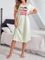 Ladies Cartoon Rabbit Letter Print Nightgown