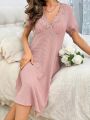 Lace Panel Solid Color Short Sleeve Sleep Dress