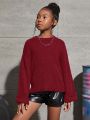 SHEIN Kids Cooltwn Tween Girls Drop Shoulder Fuzzy Cuff Sweater