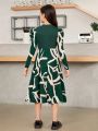 SHEIN Tween Girl Leg-Of-Mutton Sleeve Pattern Printed Patchwork Small Stand-Up Collar Long Dress