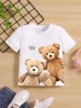 SHEIN Little Girls' Letter & Bear Printed Short Sleeve T-Shirt