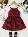 SHEIN Kids SUNSHNE Young Girl Burgundy Spaghetti Strap Dress With Belt, Suitable For Summer