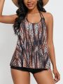 SHEIN Swim Classy Women'S Leopard Print Halter Neck Sleeveless Bikini Set