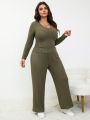 SHEIN Frenchy Women's Plus Size Solid Color Knit Ribbed Casual Two-piece Set