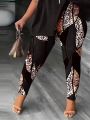 Plus Size Women's Letter Print Side Slit T-Shirt And Leopard Print Leggings Two-Piece Set